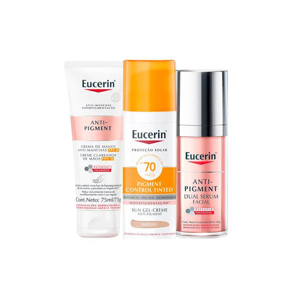 KIT EUCERIN - PROTETOR SOLAR FACIAL MATTE FPS 70 MéDIA E CREME CLAREADOR PARA AS MãOS FPS 30 E SéRUM